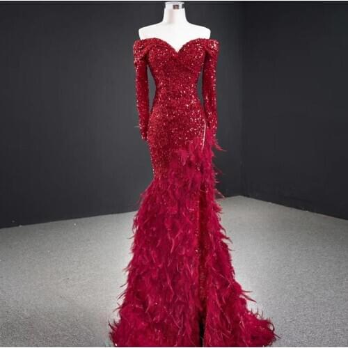 DD JYOY Red Long Sleeve Evening Dress Of Shoulder Sexy Front Split Feather Mermaid Evening Gown Elegant Sweetheart Neck Lace Up