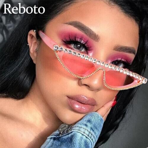 Vintage Small Cat Eye Crystal Sunglasses Women Pink 2021 Luxury Brand Diamond Sun Glasses Female Ladies Shades Oculos de sol