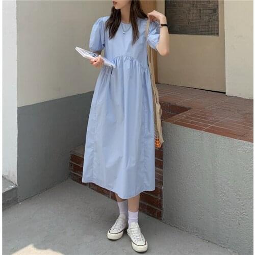 Twicefanx Vintage Lantern Sleeve Irregular Pleated High Quality 2021 Casual Summer Solid Women All Match Stylish Long Dress 813G