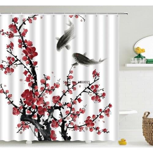 Chinese Style Flower Bird Shower Curtain Bathroom Waterproof Polyester Fabric Bathroom Curtain Printed Curtain Bath Screen Mat