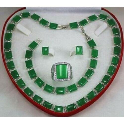 Green jade Necklace/ Bracelet/ Earrings /Ring Set Handcrafted Jewelry AAA