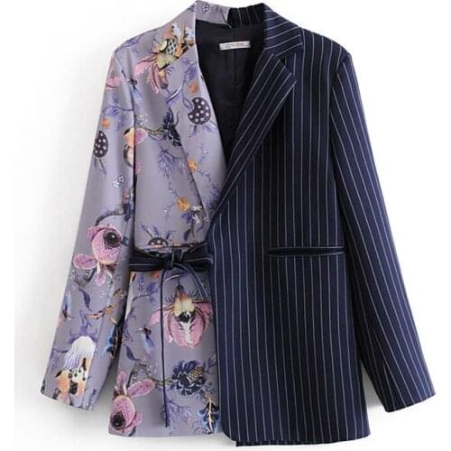 Trendy Striped Stitching Strappy Suit Coat Women 2021 Spring Personality Print Irregular Loose Professional Blazer Jacket zh192