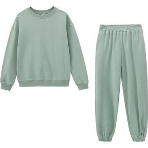 Womens 2021 Fall Winter New O Neck Sweater Jacket Plus Velvet Thick Two Piece Oversized Solid Color All Match Pants Set