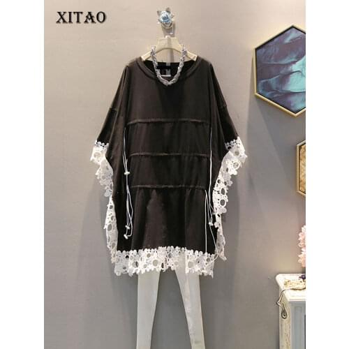 XITAO Large Size Lace Pleated Dress Women Korea Fashion New O Neck Elegant Drawstring Hollow Out Casual 2019 Summer WBB4090