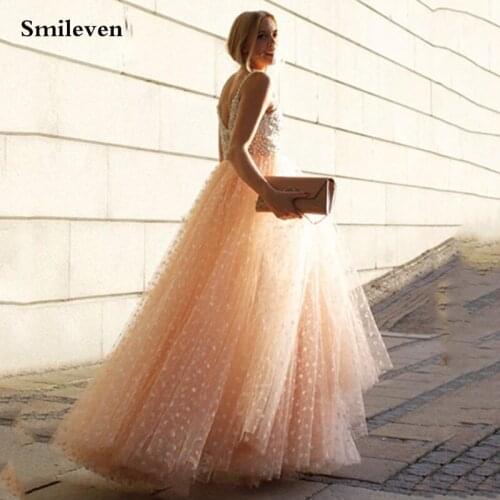 Smileven A Line Pearl Prom Dresses Spaghetti Straps Appliques Tulle Long Backless Evening Gowns Formal Formal Party Gowns