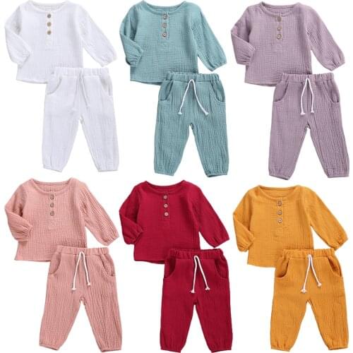 2020 0-5Y Infant Baby Cotton Linen Clothes Autumn New Boys Girls Button Long Sleeve T-shirt Top+Long Pants Solid 2pcs Outfits