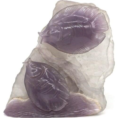 5.5" Fish Statue Natural Gems Purple Fluorite Crystal Carved Reiki Healing Stone Animal Figurine Crafts Home Room Decoration