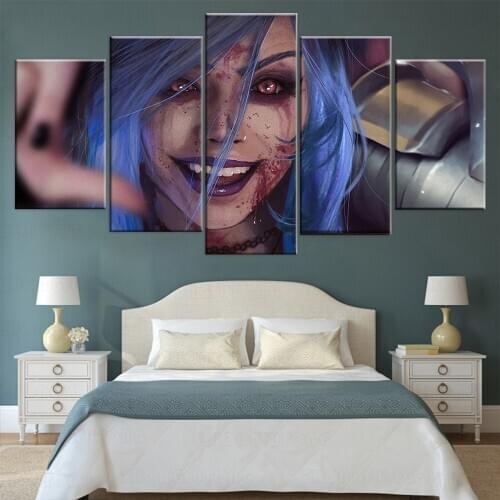 5 Panel League of Legend Beauty Jinx Game Canvas Printed Painting For BedRoom Home Wall Decor Artworks Poster Framework Modular