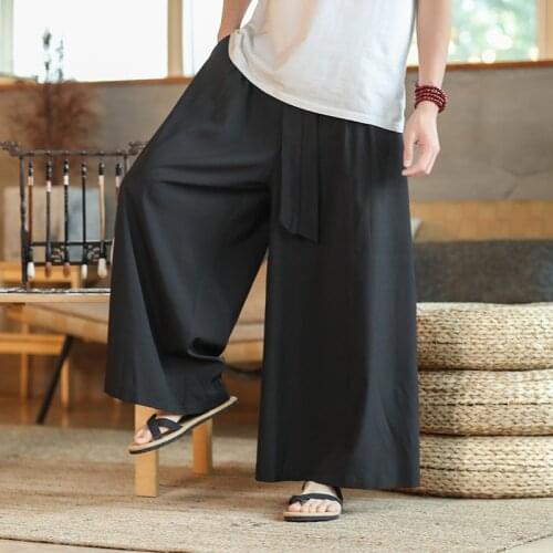 New Summer Autumn Chinese Style Men' Pants Breathable Hip Hop Pants Ethnic Loose Wide Leg Pants Kimonos Harem Trousers