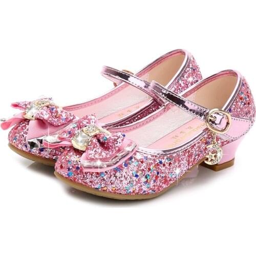 Kids Princess Leather Shoes for Girls Flower Casual Glitter Children High Heel Butterfly Knot Party Wedding Festival Shoes