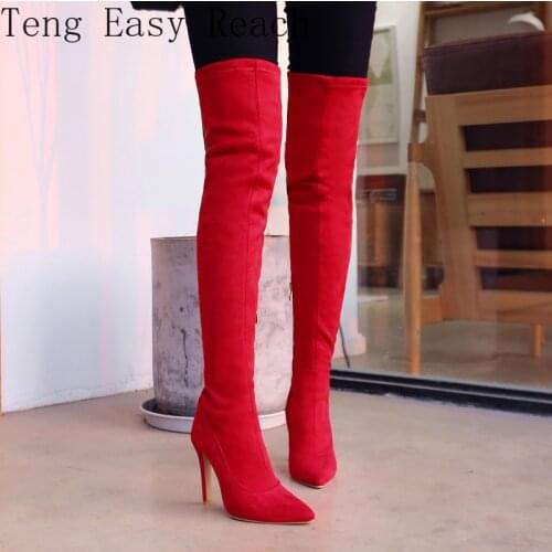 Faux Suede Stretch Thigh High Boots Sexy Elastic Slim Over The Knee Boots Womens Fashion High Heels Black Red Fetish Long Shoes