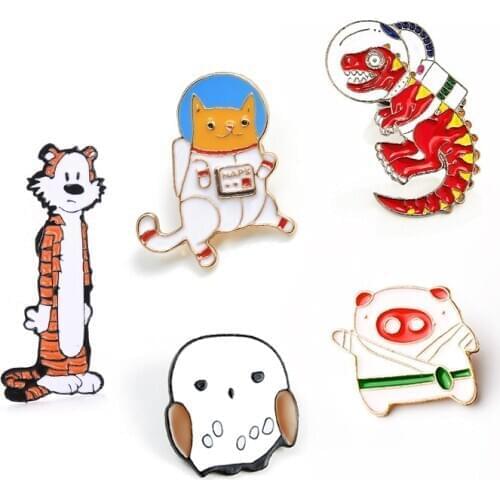 Animal Enamel pins Cat Dog Dinosaur Astronaut Anime Brooches Lapel Pin Tiger Baby Owl Badge Cartoon Jewelry Gift for Friend Kids