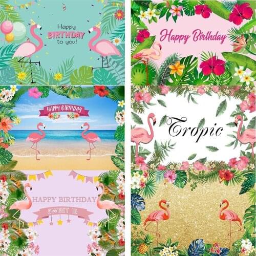 Flamingo Birthday Party Tropical Palms Tree Beach Customized Poster Baby Kid Photo Backdrop Photography Background Photo Studio