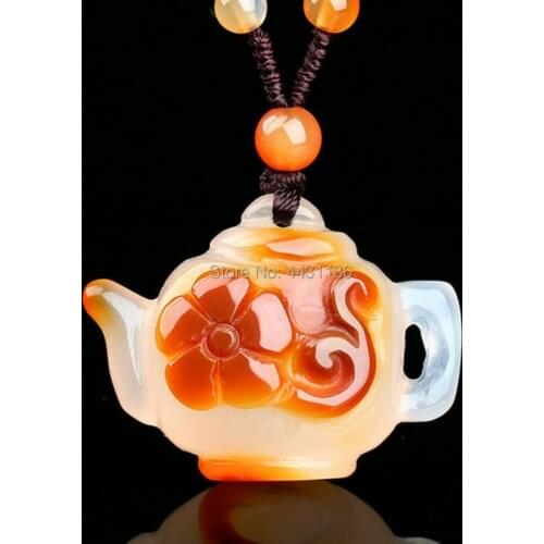 Beautiful Natural Chalcedony Hand-Carving Kettle Design Chromatic Agate Pendant Necklace*Free Gift Box