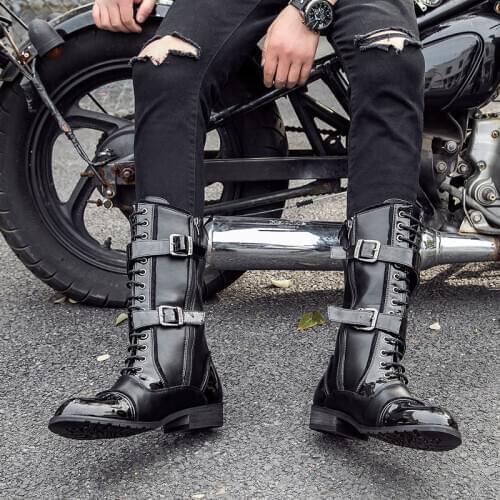 2020 Mens pointed new Korean fashion high top leather Martin fashion long leather jeans Work wear motorcycle shoes