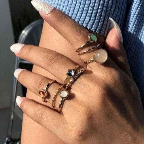 2021 New Korea 8pcs/set Vintage Colorful Stone Metallic Chain Trendy Geometry Hit Rings Set for Women Girls Jewelry
