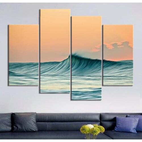 Wall Art Poster and Print Beach Wave Seascape Picture 4 Pieces Frameless Canvas Painting Home Decor for Living Room and Bedroom