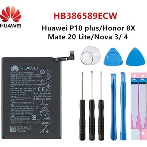 Hua Wei 100% Orginal HB386589ECW 3750mAh Battery For Huawei P10 plus Honor 8X View 10 V10 Mate 20 Lite Nova 3 4 Batteries +Tools