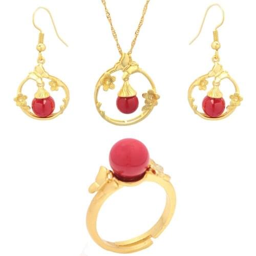 Romantic Flower Gold Chain Bridal Red Jewelry Set Butterfly Necklace Earring Adjustable Ring Female Wedding Jewelry