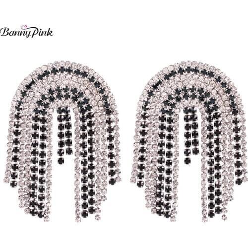 Banny Pink Luxury Crystal Chain Tassel Earrings For Women Party Full Rhinestone Fringe Earrings Wedding Rainbow Earrings Brincos