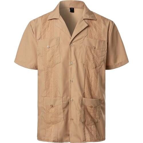 Cuban Camp Guayabera Shirt Men Short Sleeve Casual Button Down Embroidery Mens Shirts Soft Breathable Solid Color Beach Shirts