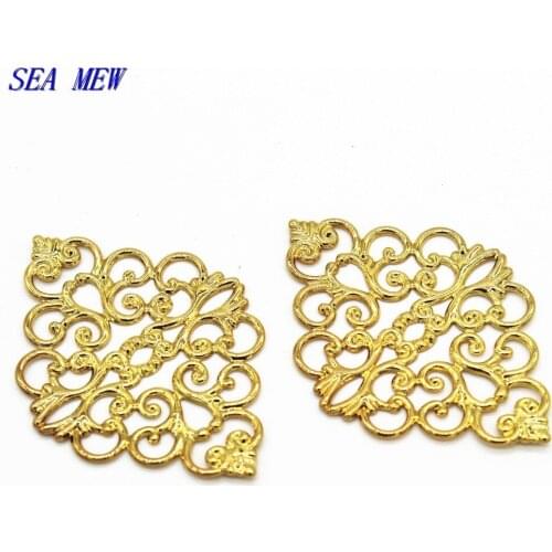 SEA MEW 42*30mm 4 Colors Filigree Rhombus Metal Copper Sheet Hollow Out Flower Laminate Connectors Findings For Jewelry Making