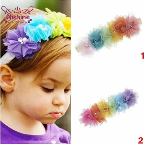 Chic Children Rainbow Color Mesh Lace Flowers Headband Elastic Baby Girls Hairband Infant Toddler Headwear Photography Props