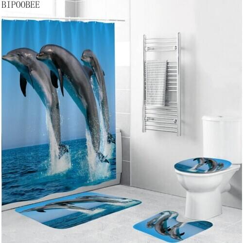 Ocean Scenery Fabric Shower Curtain Waterproof Dolphin Pattern Bathroom Curtains Pedestal Rug Lid Toilet Cover Bath Mat Sets