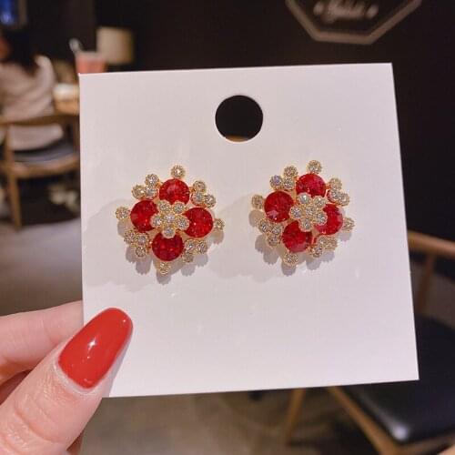 Brilliant Light Luxury Rhinestone Zircon Flower Stud Earrings Korean Crystal Zircon Snowflake Exaggerated Earrings