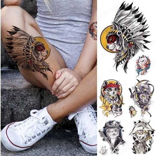 Waterproof Temporary Tattoo Sticker Indian Tribal Cat Flash Tattoos Moon Old School Body Art Arm Fake Tatoo Women Men
