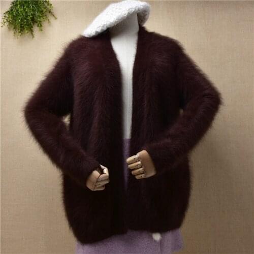 660g Top quality female women hairy plush mink cashmere knitted long sleeves loose cardigans sweater angora fur jacket coat pull