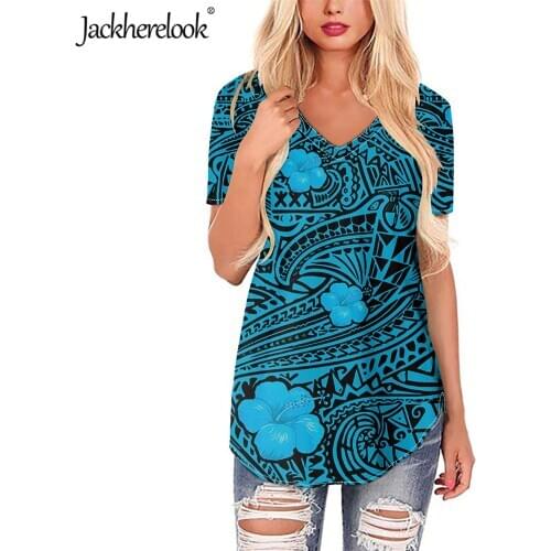 Jackherelook Women V-neck Blouse Polynesian Tattoo Floral Leisure Female Shirts Short Sleeve Clothes Women Tops Loose Plus Size
