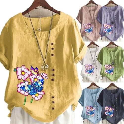 Womens New Fashion Summer Floral Printed Round Neck Short Sleeve T-shirt Casual Loose Solid Color Blouse Tops Plus Size