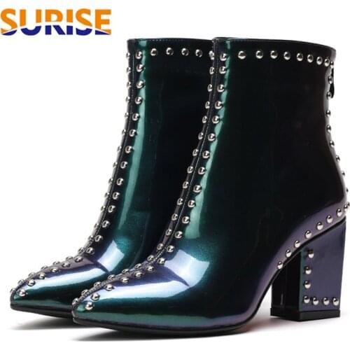 Rivet Women Ankle Boots High Square Block Heels Black Studded Patent Leather Zipper Party Office Ladies Winter Plush Short Boots