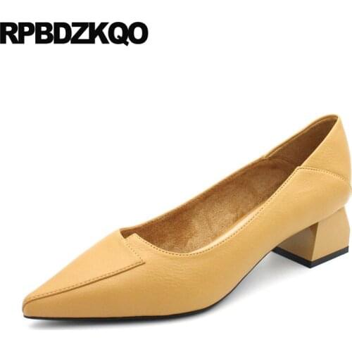 Chunky Thick Designer Medium Heels China Beige Slip On Block Shoes For Women Pumps Fashion 2021 Pointed Toe Yellow Cheap Casual