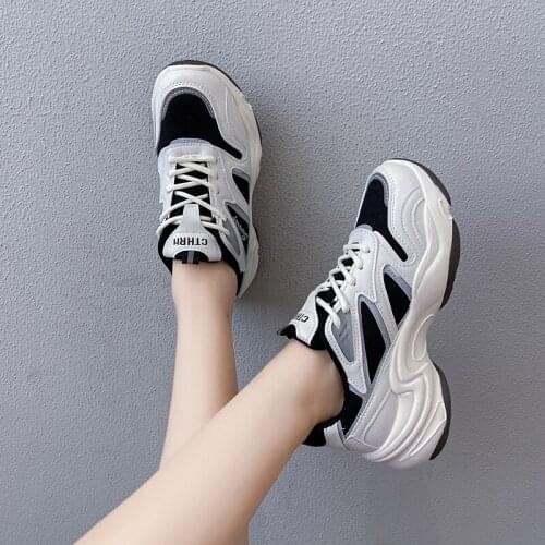 2021 White Breathable Tennis Basketball Sneakers Women Platform Chunky Wedges Dad Shoes Fashion Harajuku Casual Black Lace Up