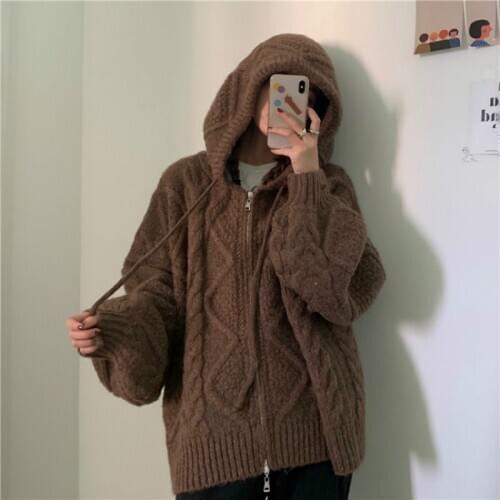 Women Autumn Winter Twist Zipper Hooded Sweater Coat Knitted Cardigan Jacket Oversized Long Lantern Sleeve Outwear