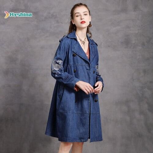 Womens Dress New Lapel Denim Windbreaker Retro Embroidery Loose Medium Length