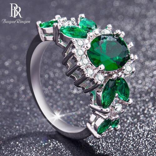 Bague Ringen 925 Sterling Silver Women Emerald Ring With Round Shape Gemstones Silver Fine Jewelry Party Gift Size 6-10