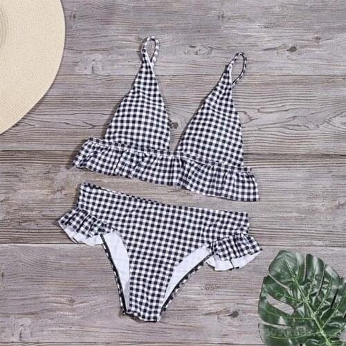 2021 Summer New Plaid Print Sexy Beachwear Women Low Waist Ruffles Push Up Female Two Pieces Swimsuit Bikini Feminine