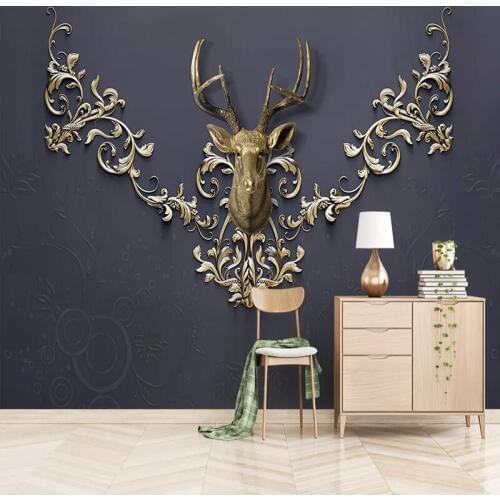 Custom 3D Mural Wall Cloth European Pattern Embossed Gold Deer Head Wallpaper For Living Room Bedroom Wall Home Decor 3D Fresco