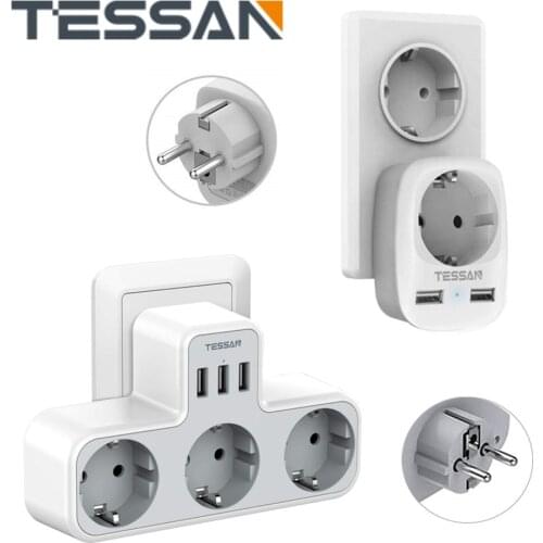 EU Travel Electrical Plug Adapter Mini Power Strip with EU Outlets and 5V/2.4A USB Ports Smart Power Socket Plug