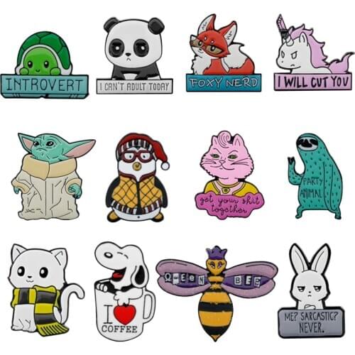 Introvert Green Turtle Pizza Tortoise Pins Funny Party Animal Sloth Panda Fox Rabbit Bee Cat Dog Lapel Pin Brooches for Women Me