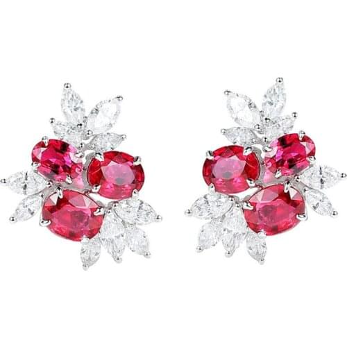 KOFSAC Shiny Luxury Zircon Blue Stud Earrings For Women Party Jewelry 925 Sterling Silver Crystal Red Flower Plant Earring Gift