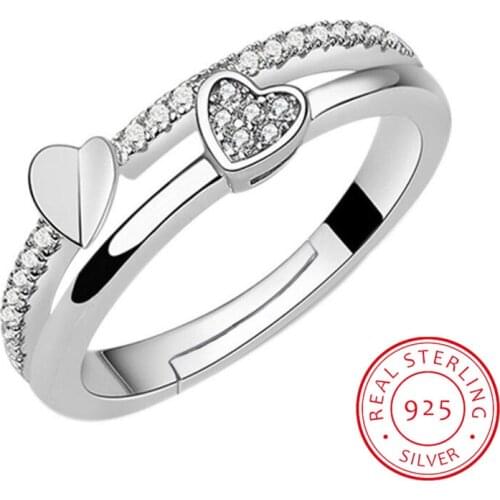 Luxury 925 Sterling Silver Wedding Ring For Women Double Heart Zirconia Opening Ring Valentines Day Present S-R133