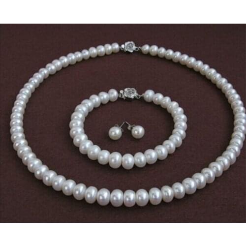 100% real pearl necklaces bracelet earring set 18inch White Natural pearl AAA 9-10mm highlight pearl gifts for women Jewelry