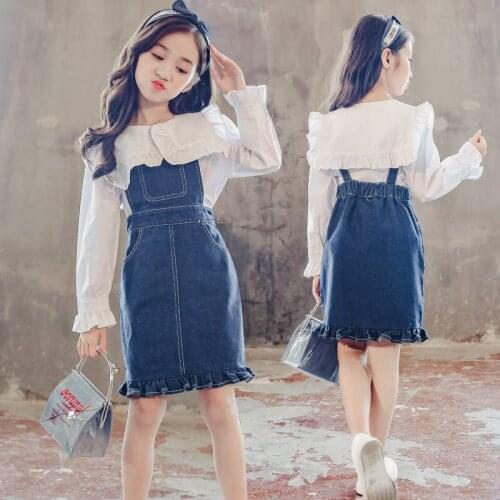 2021 Childrens Clothing Set For Girls Kids Clothing 6 8 12 Years Spring Blouse + Denim Overall Dress 2 Pcs Clothes Teen Girls