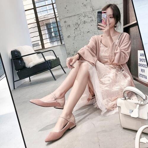 Pointed ladies single shoes flat shoes sheep suede leather buckle casual shoes Mary Jane luxury color matching womens shoes