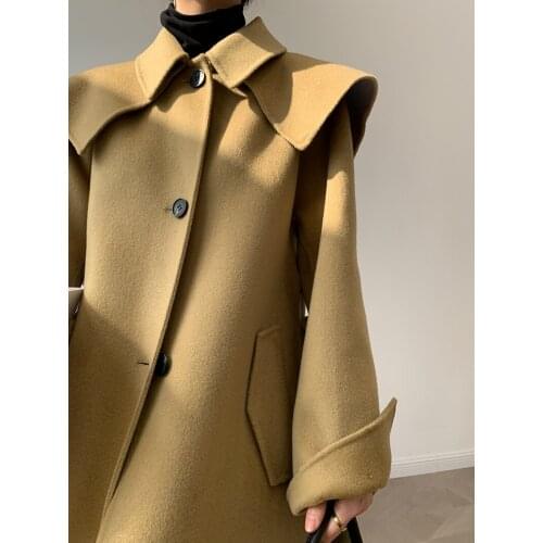 Shawl cloak design mid-length single-breasted double-sided cashmere coat woolen coat female 21 new