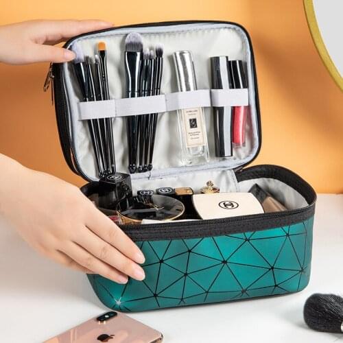 MULCEN Professional Makeup Bag Fashion Clear Diamond Lattice Wash Bag for Travel Women Toiletry Bag Double Handbag Beauty Bag